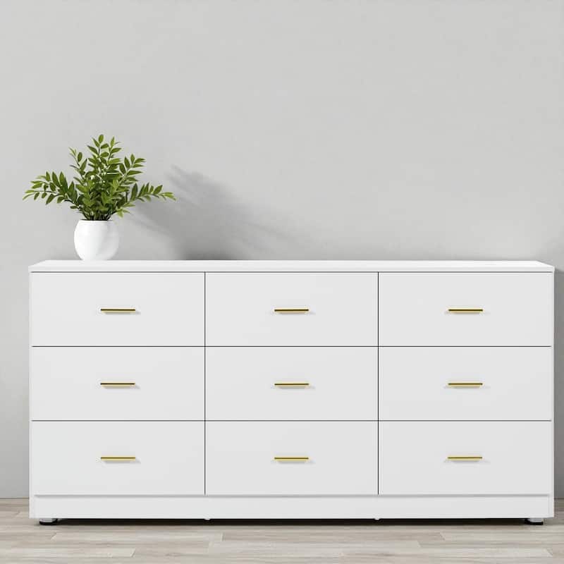 Modern 9-Drawer Dresser Wide Bedroom Chest Engineered Wood Storage Cabinet with Golden Handles and Ample Space