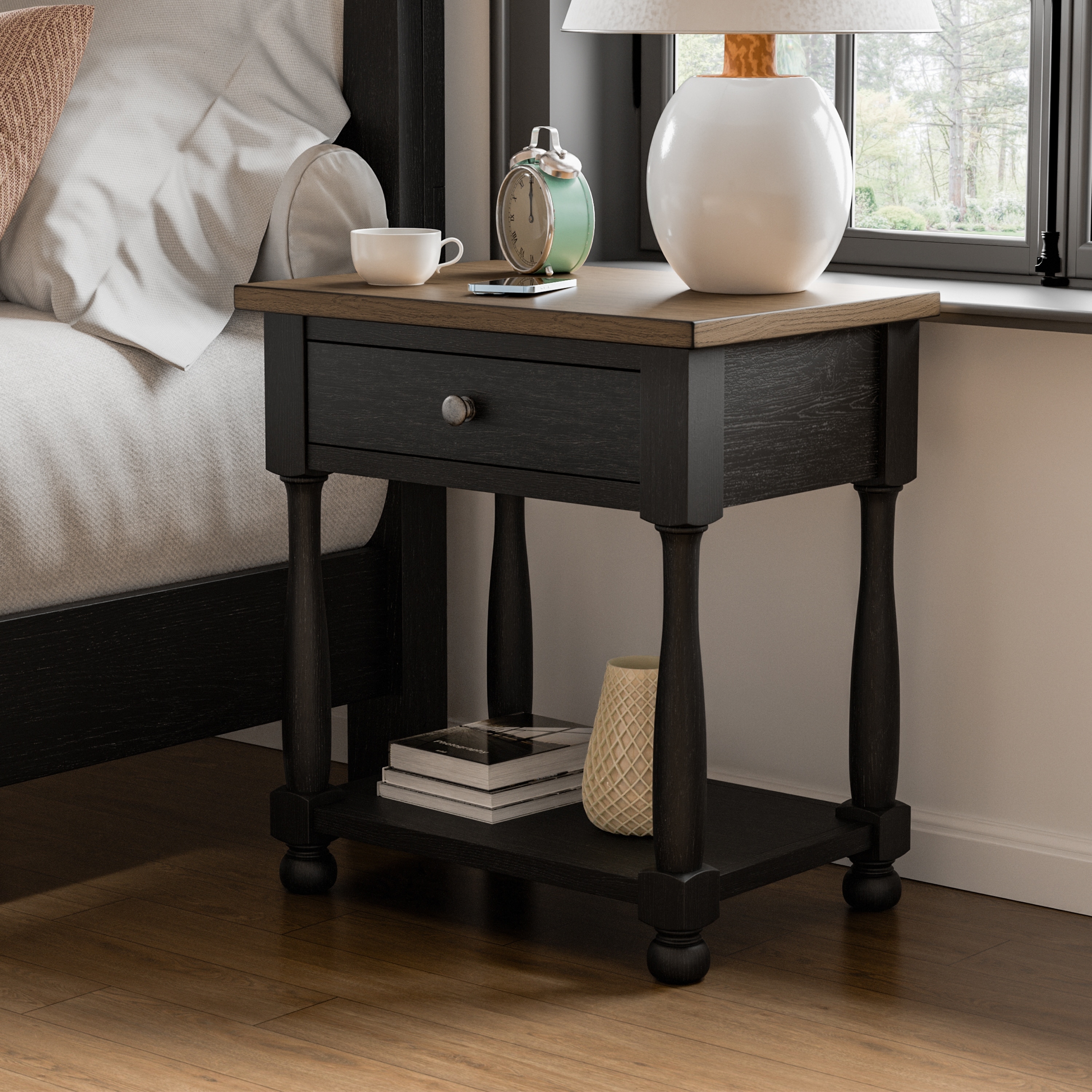Furniture of America Lucan Farmhouse Black Solid Wood 1-Drawer Table with USB Port