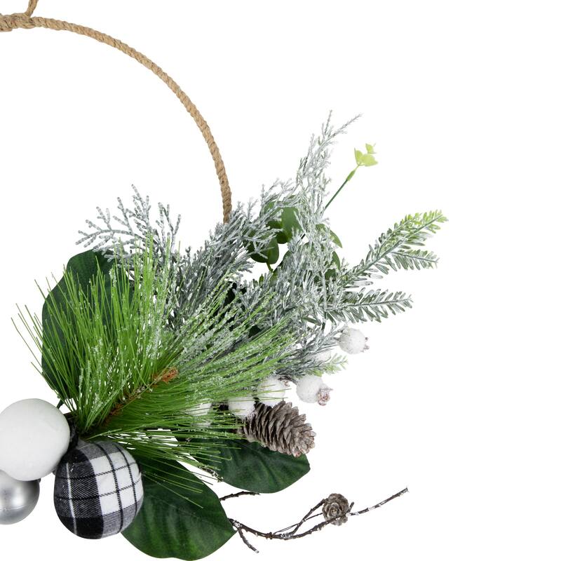 Black & White Plaid Winter Greenery Artificial Christmas Wreath, 18-"