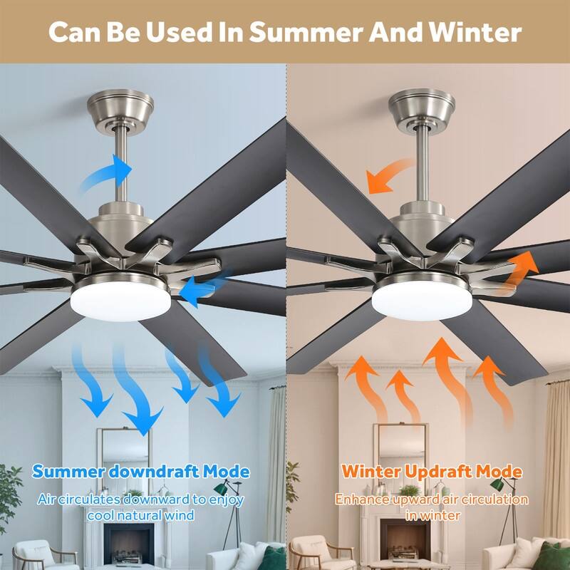 52/66 in. Modern Ceiling Fans with Dimmable 3-Color LED Light, Brushed Nickel Finish & Smart Voice Control