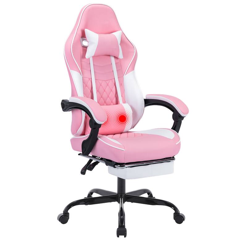 Ergonomic Video Gamer Chairs,Computer Gaming Chairs with Massage Lumbar Support and footrest,Computer Chair Adjustable Headrest - White/Pink