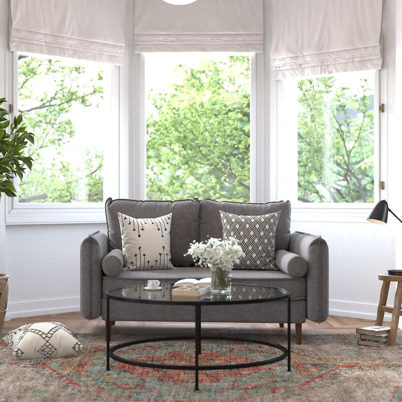 Compact Faux Linen Upholstered Loveseat with Wooden Legs - Stone Gray