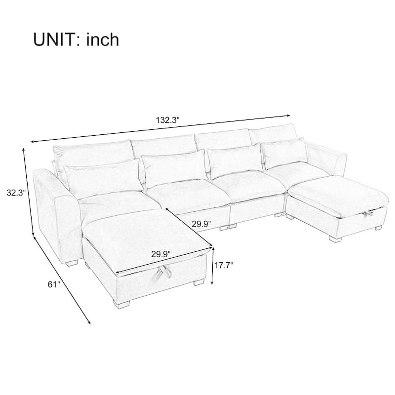 Modern U-shaped Modular Linen Blend Sectional Sofa with 2 Storage Ottomans and 4 lumbar pillows