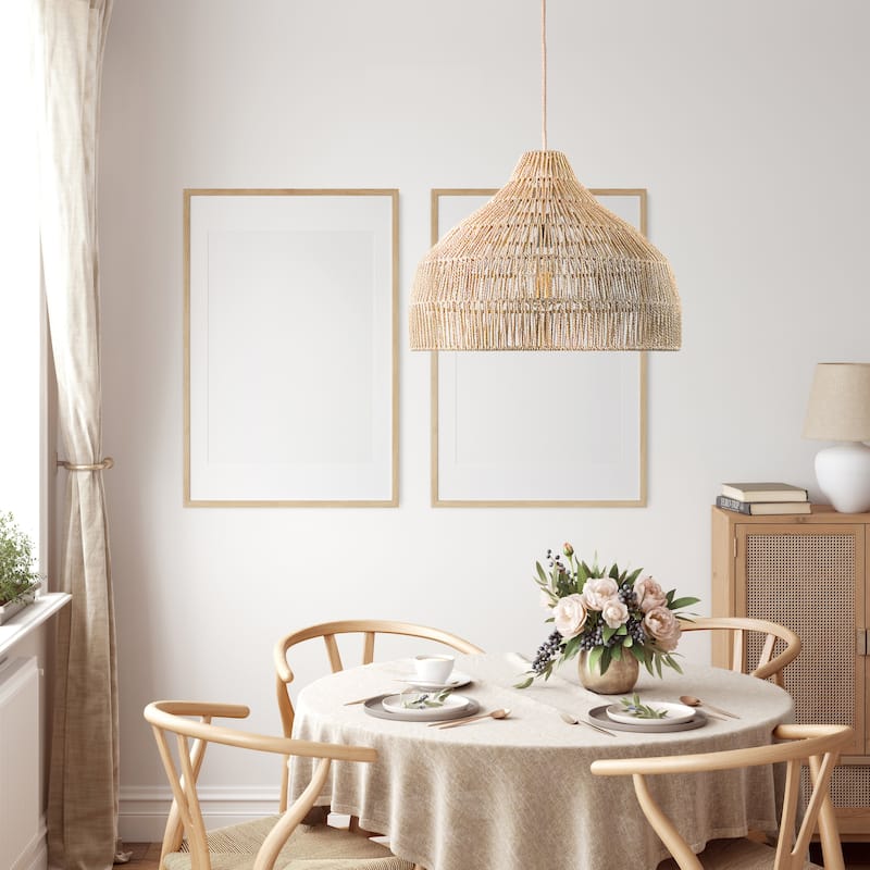 Dreamy Palm Fibers Pendant Light - Natural Dome 1-Light Handwoven Rattan Hanging Light For Modern, Boho, Farmhouse Room Decor