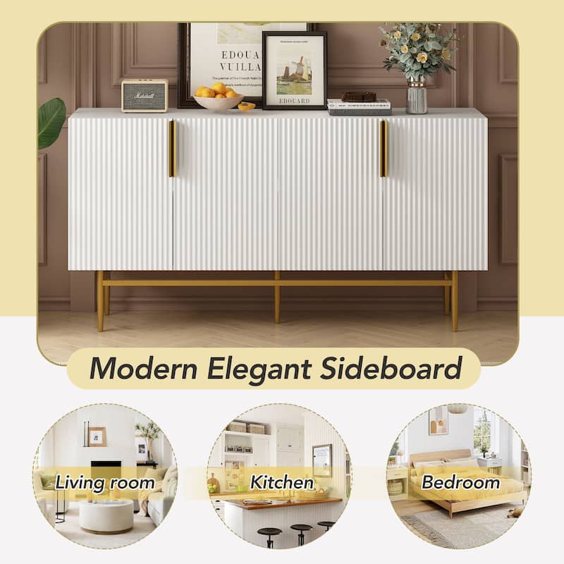 60" Modern 4-Door Sideboard Buffet Cabinet with Gold Handles, Adjustable Shelves, and Metal Legs for Storage