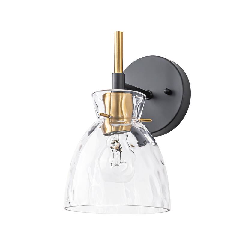 1-Light/3-Light Matte Black and Antique Brass Bathroom Vanity Light with Water-Rippled Glass Shade