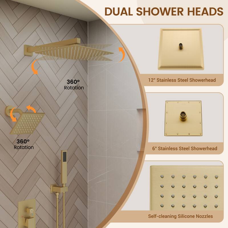 4-Spray Wall Mount 12 and 6 in. Dual Fixed and Handheld Shower Head with Waterfall Tub Spout (Valve Included) - 12" x 12"