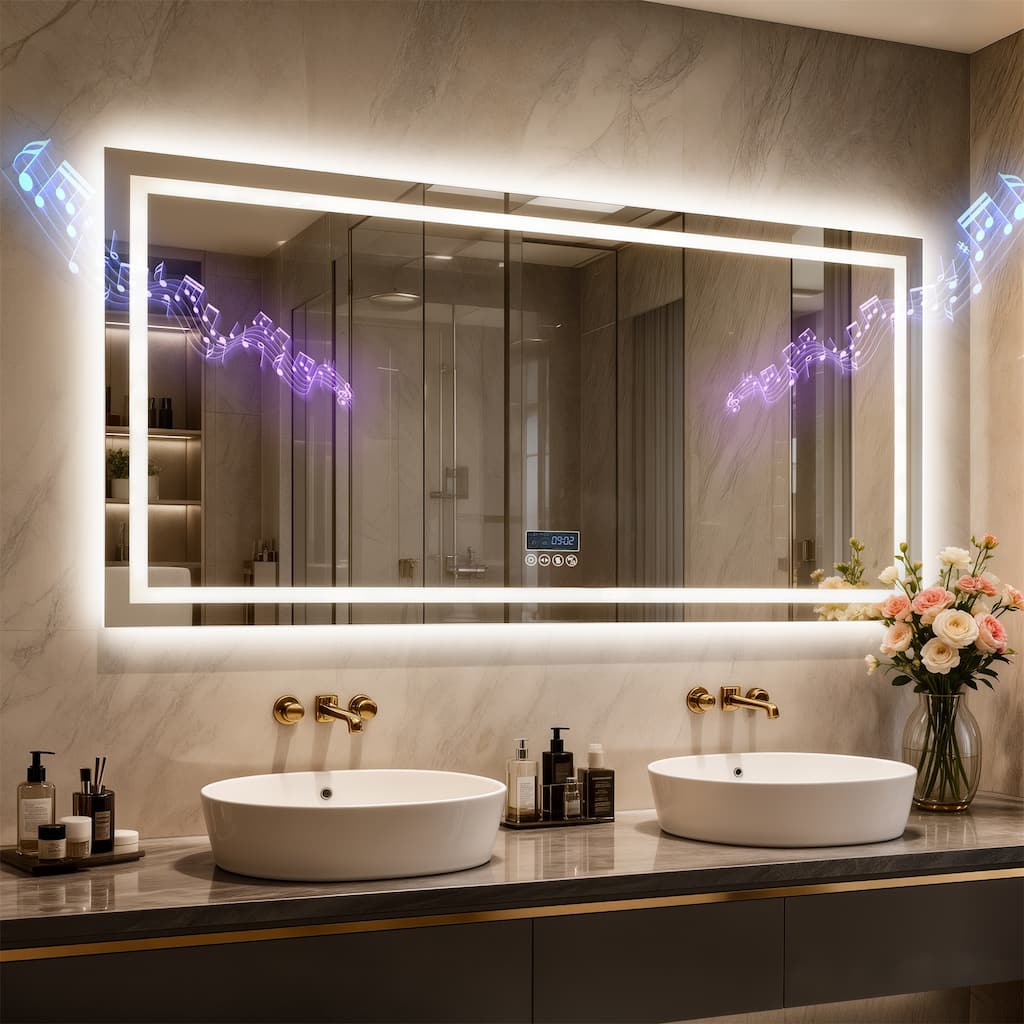 Bluetooth Rectangular Tempered Glass Bathroom Mirror LED Wall Vanity Mirror with Intelligent Screen Display