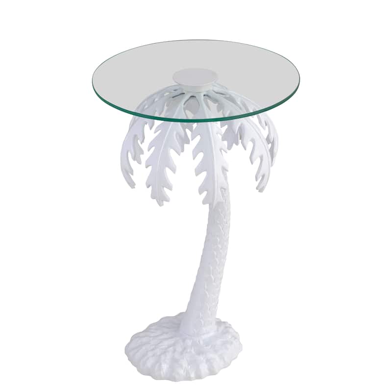 Hedda 24.75" Glass Top Metal Palm Tree End Table, White, by JONATHAN Y