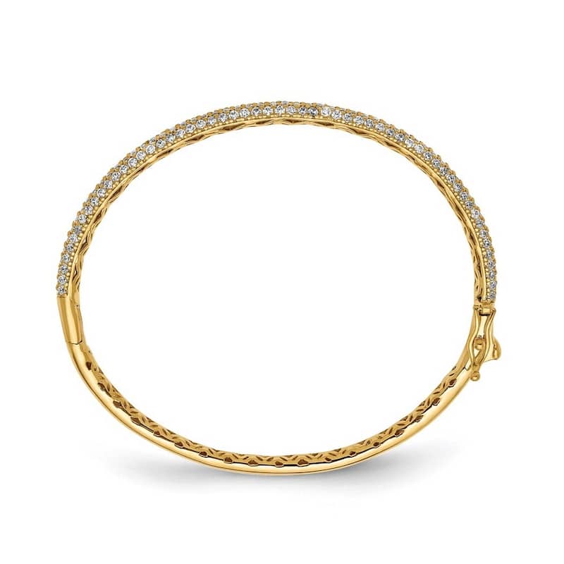 Curata 925 Sterling Silver Polished Prong set Gold Plated With CZ Cubic Zirconia Simulated Diamond Hinged Cuff Stackable Bangle