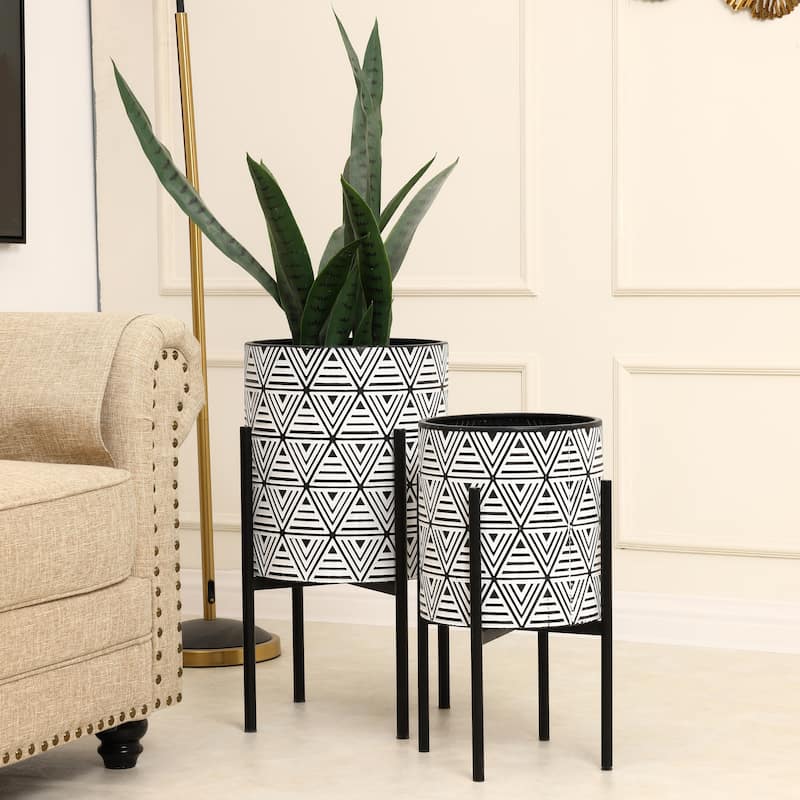 Black and White Metal Cachepot Planters with Black Metal Stands (Set of 2)