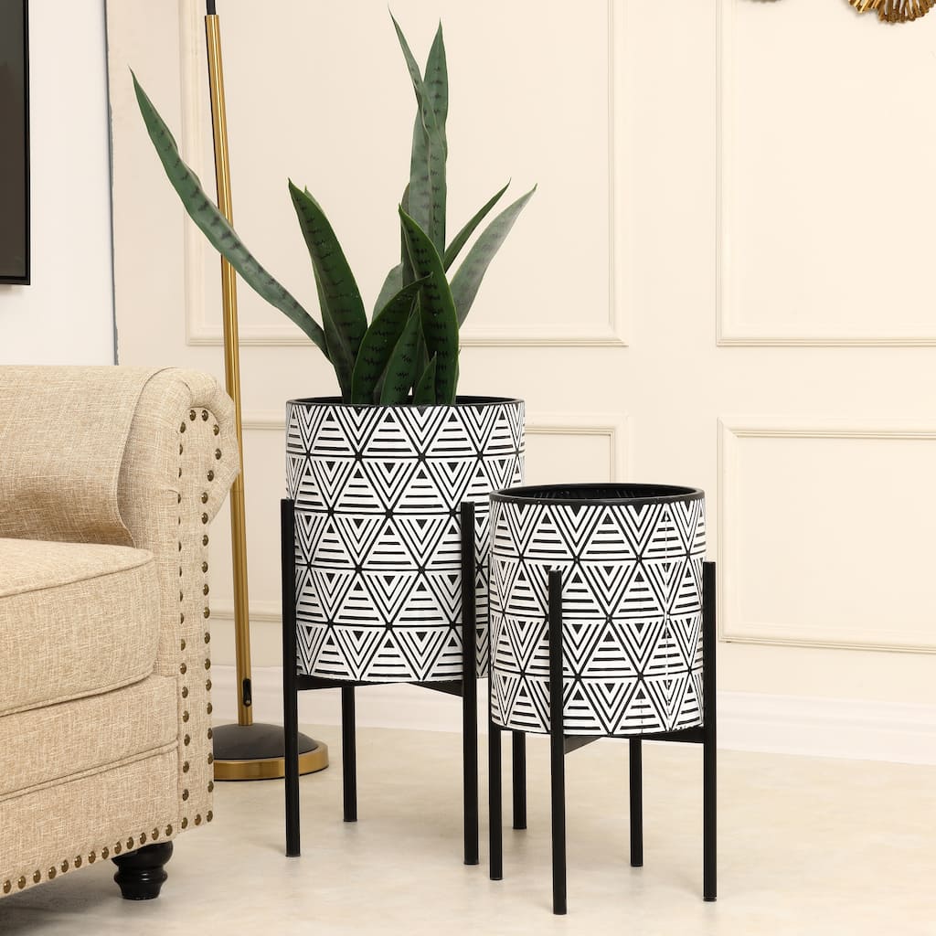 Black and White Metal Cachepot Planters with Black Metal Stands (Set of 2)