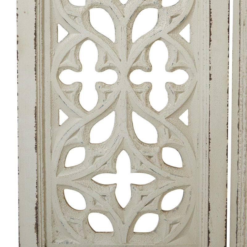 White Wood Hinged Foldable Partition 3 Panel Floral Room Divider Screen with Intricately Carved Designs - 45 x 1 x 75