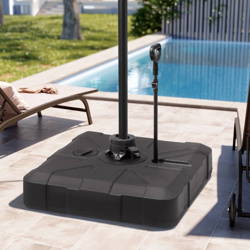 Heavy Duty Water Sand Fillable Patio Cantilever Offset Umbrella Base Stand with Wheels and Drag Rod - "B" design with 4 wheels