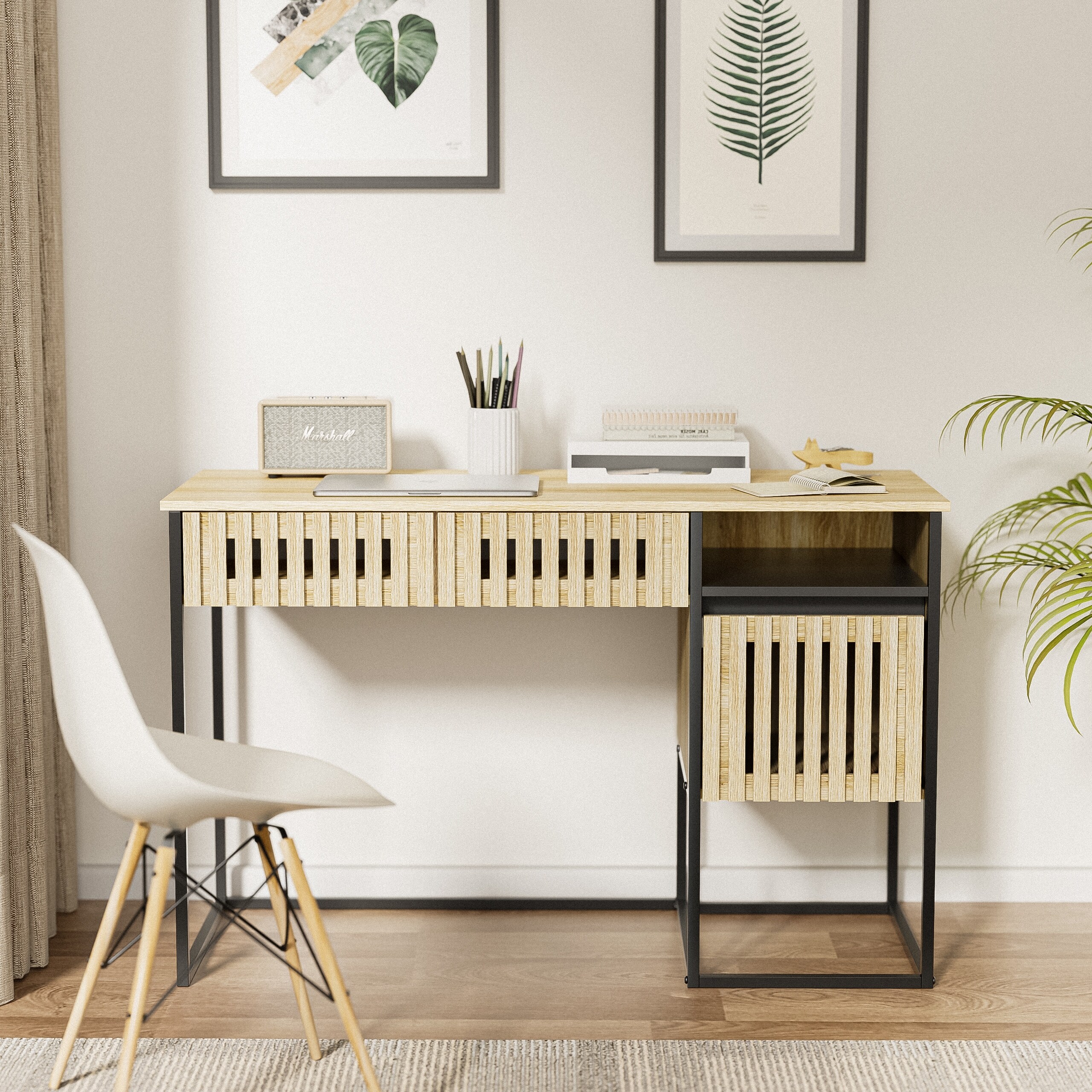 Unique Slatted Design Computer Desk With Storage Drawers Workstation Desks Easy Assembly Vertical stripe element On Sale Bed Bath Beyond 42385742