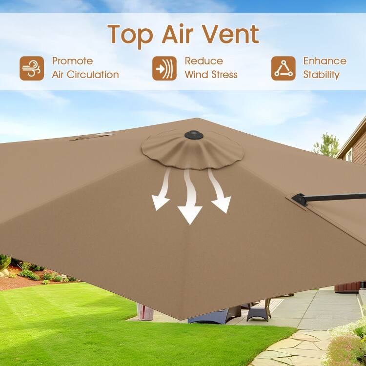 Brown Polyester Metal Cantilever Patio Umbrella with Vent and Stable Base - 9 x 8.2 ft.