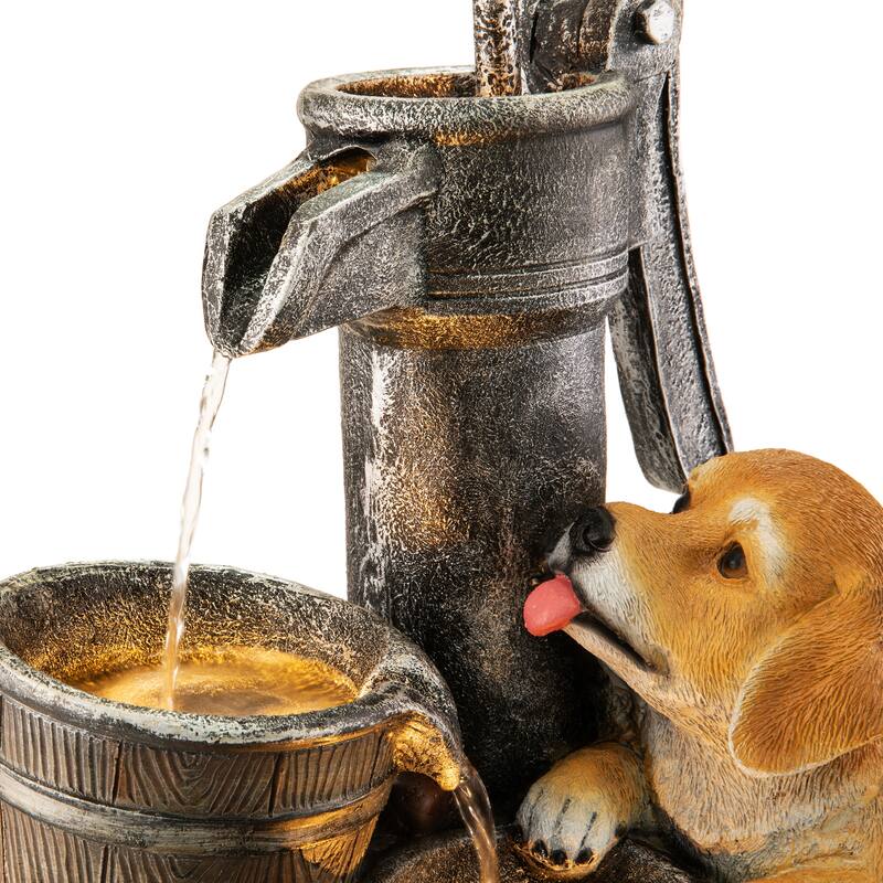 Glitzhome 23.75"H Cute Dog Playing Around the Water Pump Polyresin Outdoor Fountain with Pump and LED Light