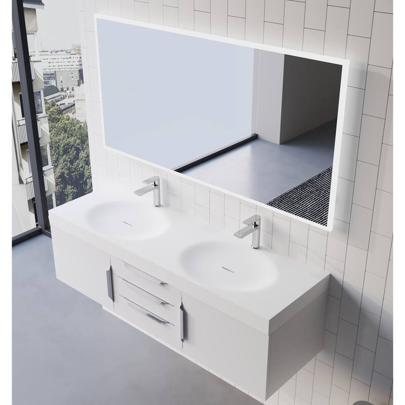 Thames 60" Shallow Basin Wall Mounted Bathroom Vanity Set w/ White Top