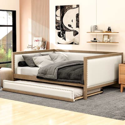 Full Size Upholstered Daybed with 2 Drawers or Trundle,Daybed Frame with Nailhead Decoration