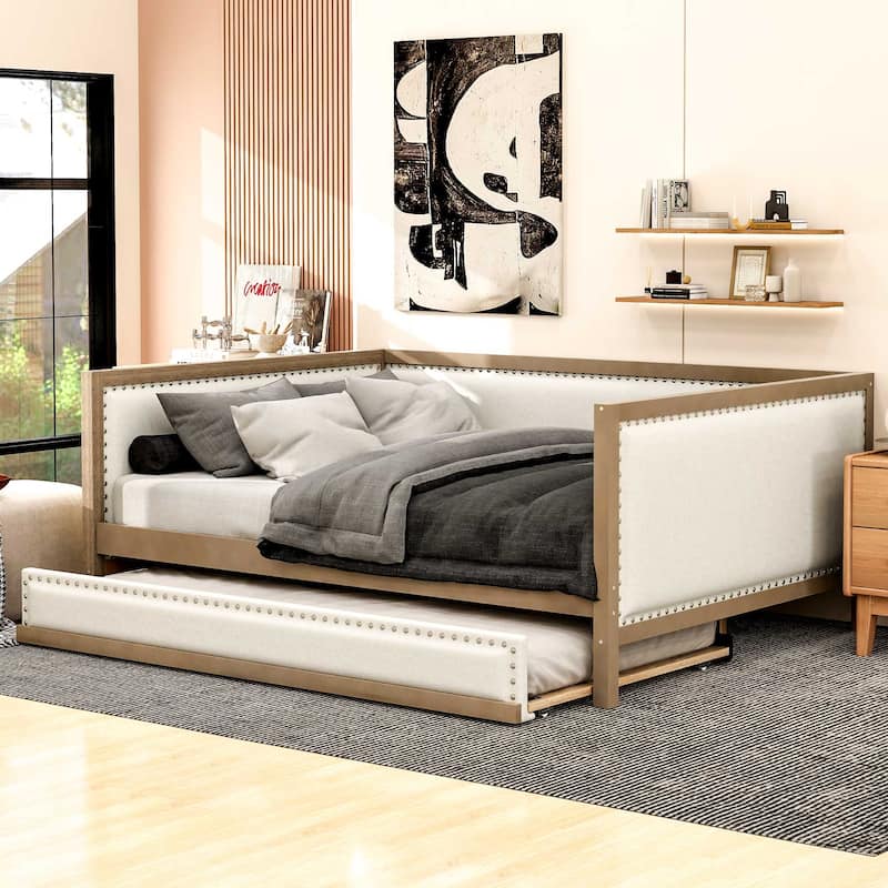 Full Size Upholstered Daybed with Twin Size Trundle and Nailhead Decoration, Linen Fabric Sofa Bed Frame with Wood Slats Support - Beige