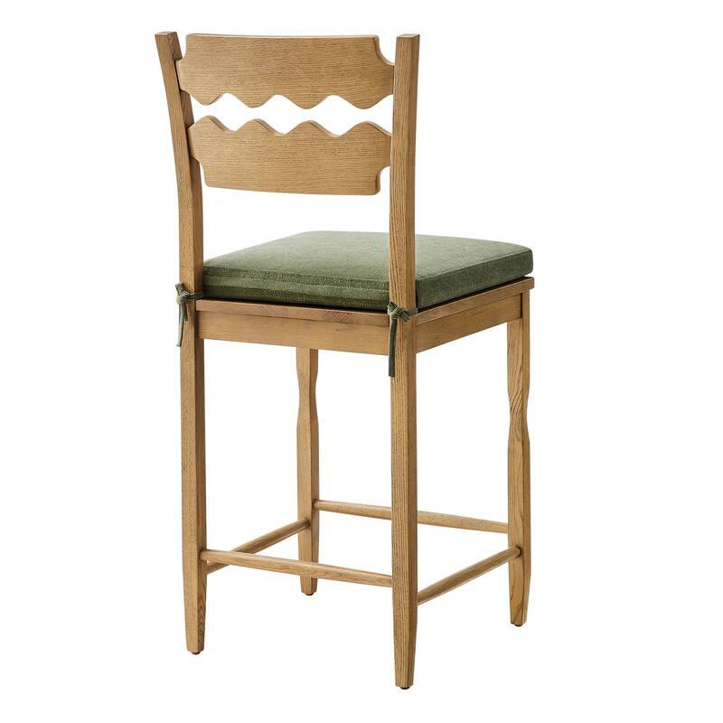 Jax Oak Wood Counter Stool With Wavy Razor Back and Cushion