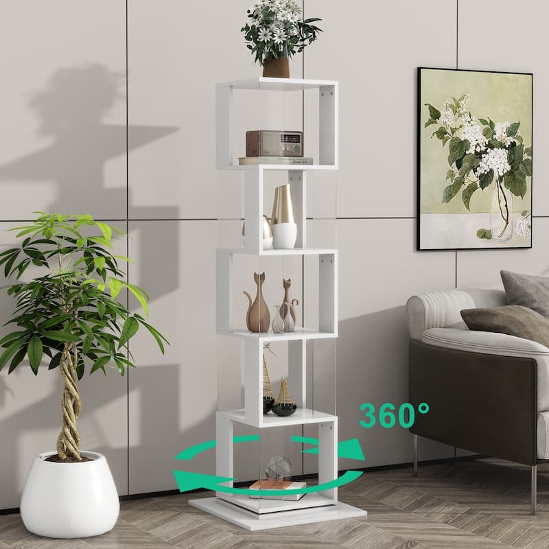 Anmytek Modern 360° Rotating Bookshelf 5-Tier Tall Display Shelf with Acrylic Plate for Home Office Living Room Bedroom