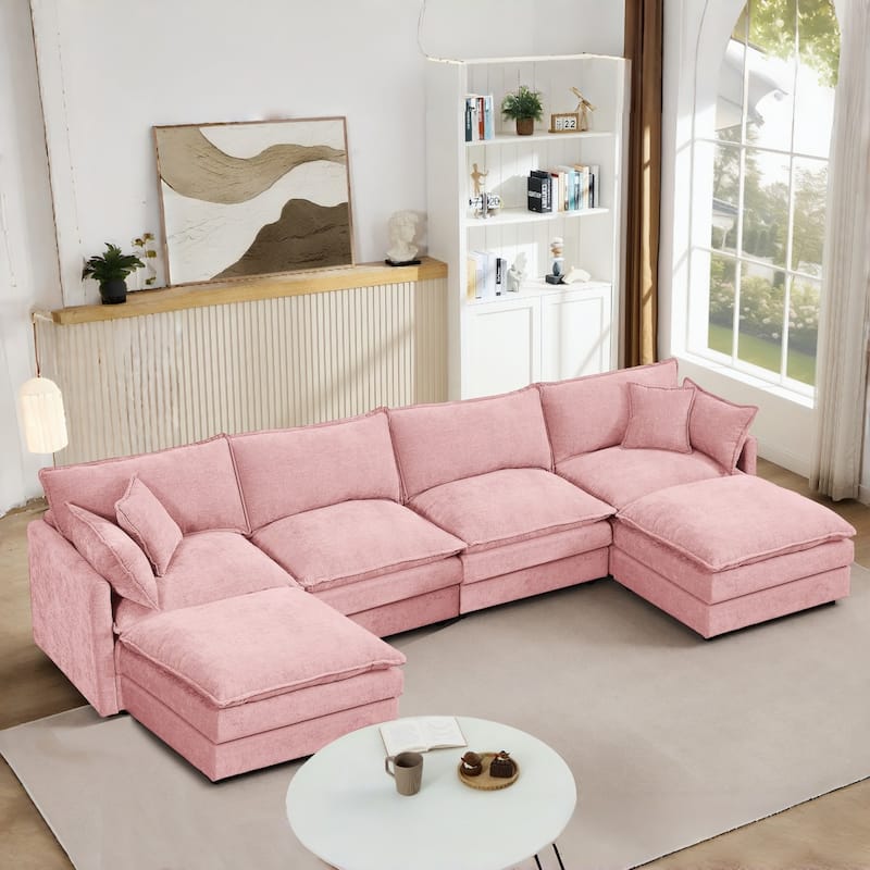 130.7" Modular Chenille U-Shape Sectional Sofa with Movable Ottomans - Pink