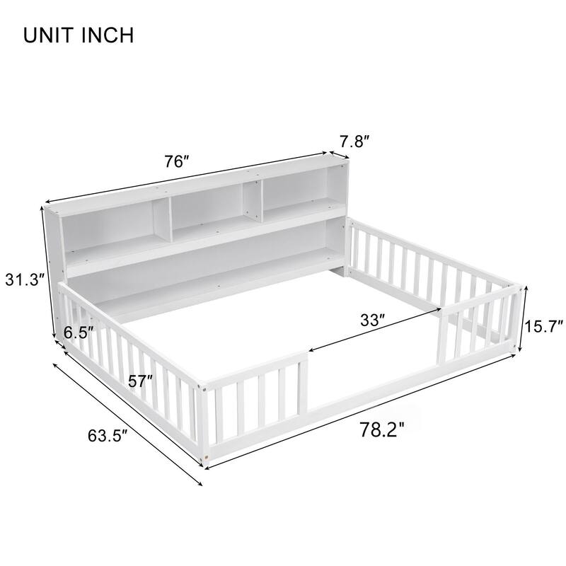 Roomfitters Twin/Full Floor Bed with Side Bookcase & Shelves, Guardrail Platform Bed, Space-Saving Low Profile Bed