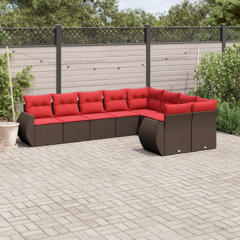 vidaXL 9/10 Piece Patio Sofa Set with Cushions Gray/Brown/Black Poly Rattan - 24.4" x 24.4" x 27.2" - Brown and red Without table