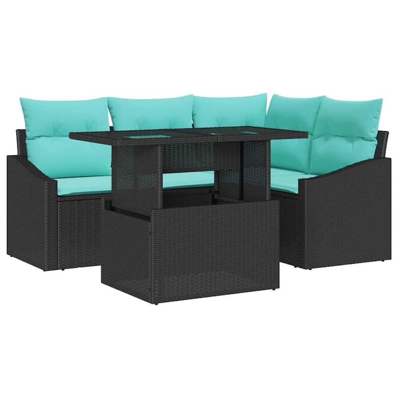 vidaXL 5 Piece Garden Sofa Set with Cushions Black Poly Rattan - 70.3×48.6×27.2