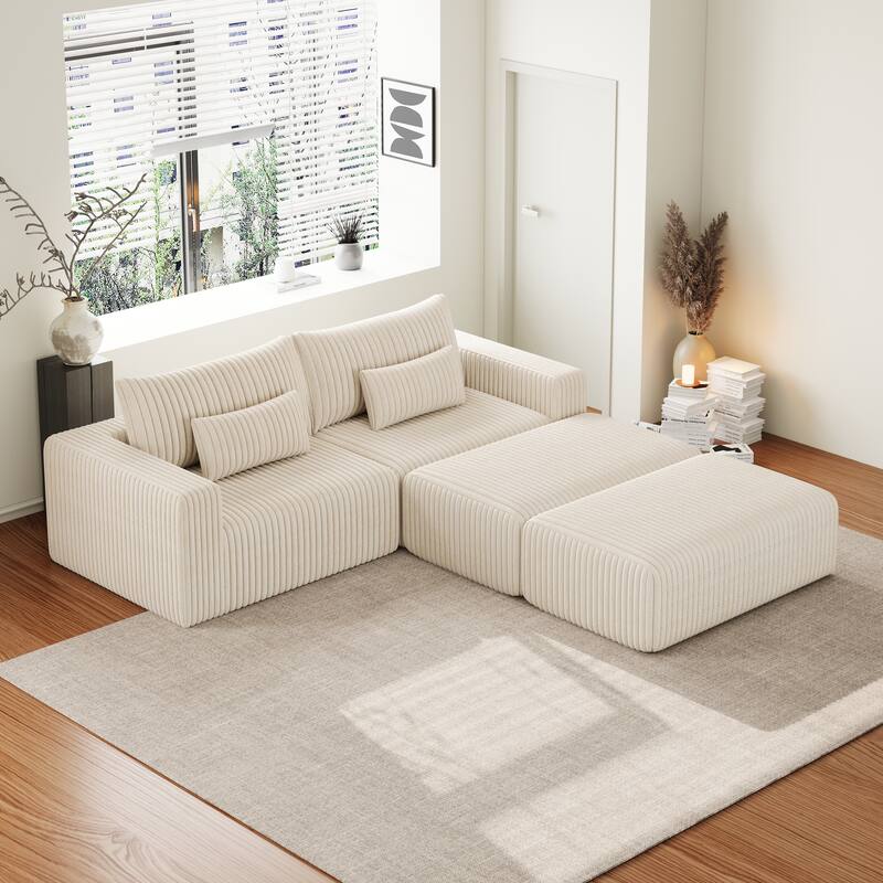 102" Corduroy Cloud Sofa Oversized Modular Sleeper Sofa for Livingroom Plush Sectional Loveseat with 2 Removable Footstool