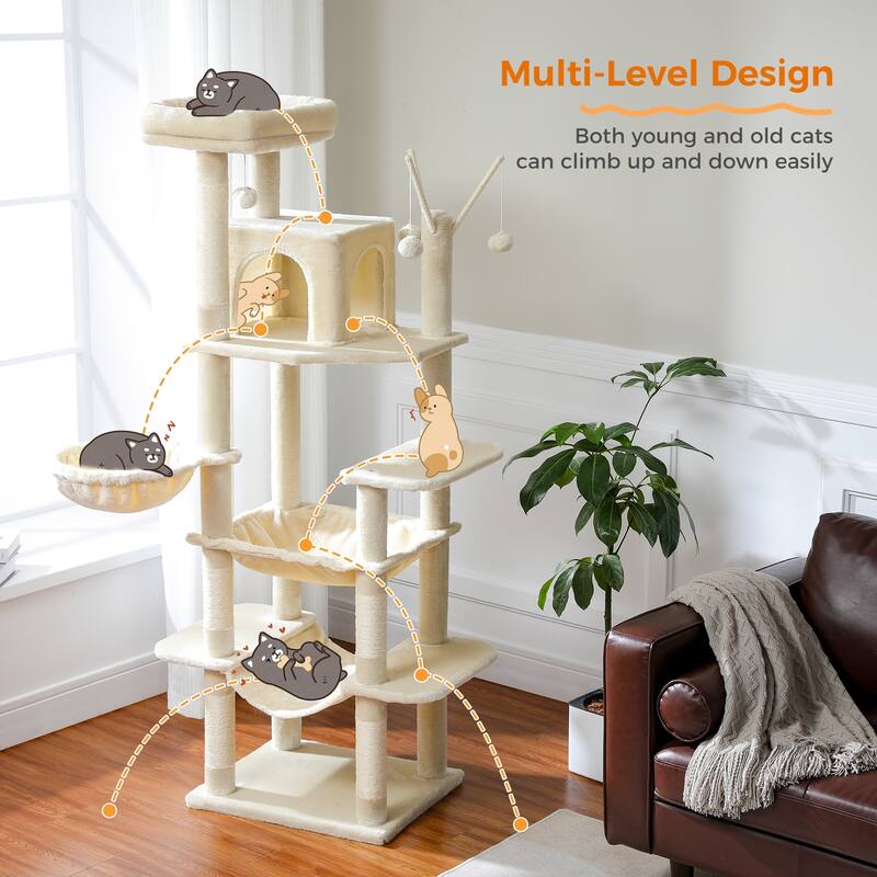 69" Tall Cat Tree Large Cat Tower with Super Big Hammock, Scratching Posts, Condo House and Large Top Perch