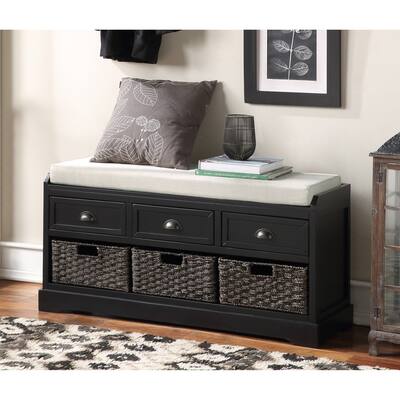 Organizer Storage Bench Entryway Bench with 3 Drawers, 3 Rattan Baskets & Removable Cushion Wood Entryway Shoe Bench for Hallway