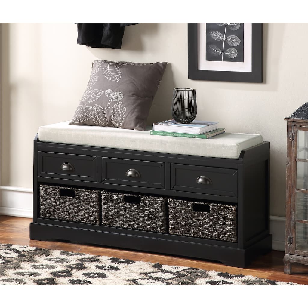 Storage Bench for Living Room, Entryway Footrest Bench with Removable Rattan Basket, Upholstered Seat Foyer Bench