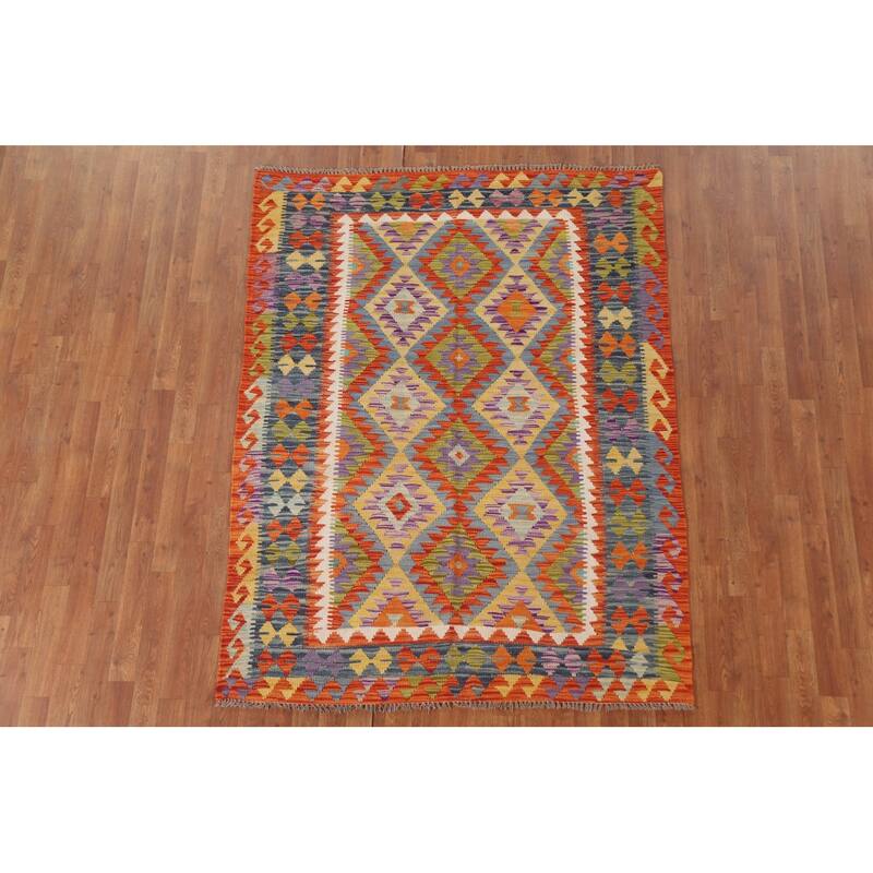 Hand Woven Oriental 100% Wool Carpet Southwestern Geometric Oranges & Rust Kilim Area Rug - 6' 6'' X 5' 0''