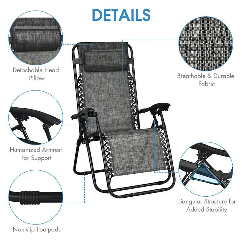 Gymax 3PCS Zero Gravity Recliner Lounge Chairs Pillows Table Portable - See details