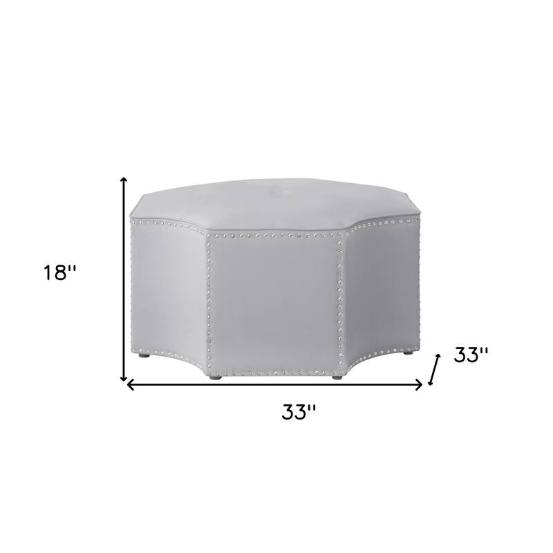 HomeRoots 33" Silver Faux Leather Tufted Octagonal Cocktail Ottoman