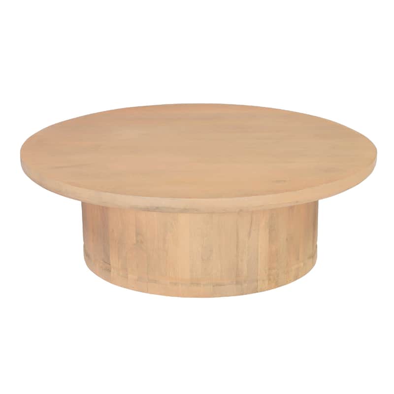 Bela Coffee Table 47 Inch Round Top Handcrafted Beige Mango Wood Pedestal Base