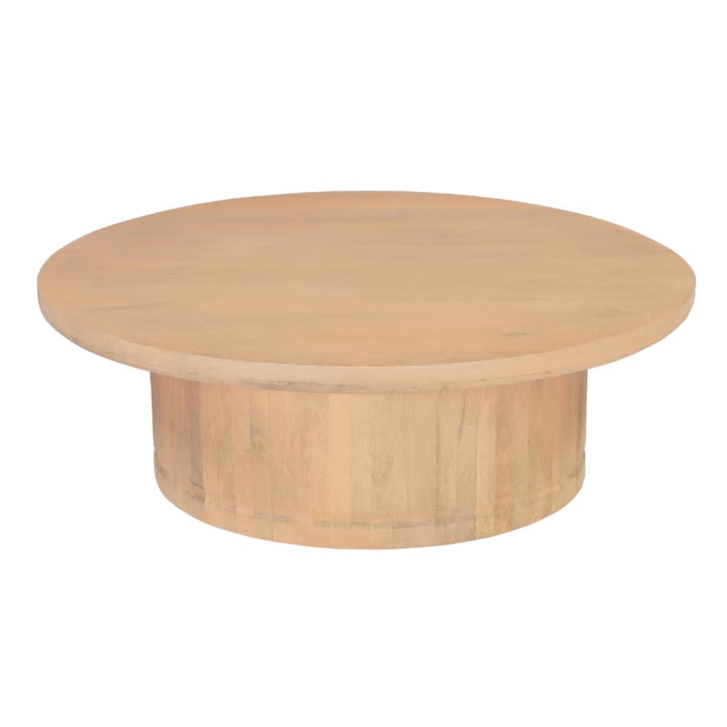 Bela Coffee Table 47 Inch Round Top Handcrafted Beige Mango Wood Pedestal Base