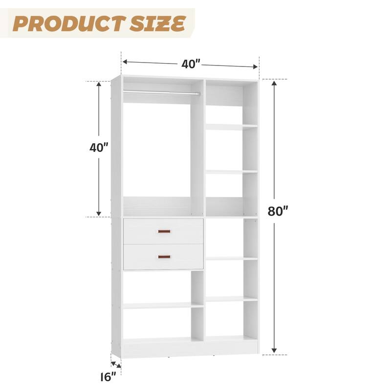 40'' Large Closet System with 10 Shelves and 2 Drawers, Freestanding Closet Organizer with Hanging Rods