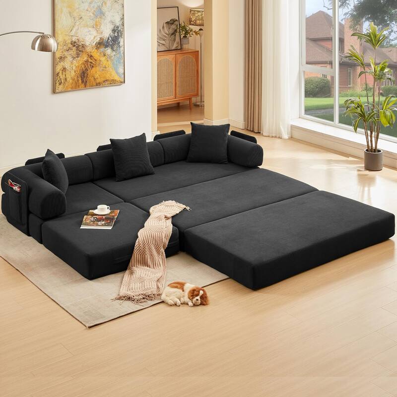 107" L-Shaped 6-in-1 Corduroy Modular Sectional Sofa, Convertible Out Sofa Bed, 4-Seat, Black