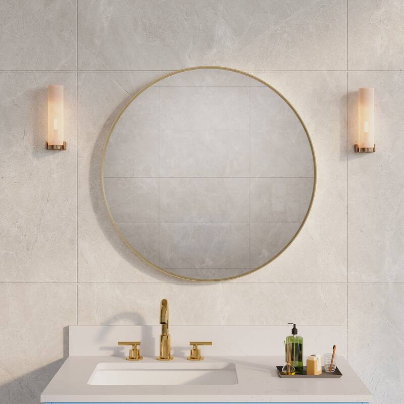 Modern Bathroom Wall Mounted Anodized Aluminum Framed Wall Vanity Mirror - 28 in.Wx 28 in.H-Round - Brushed Gold