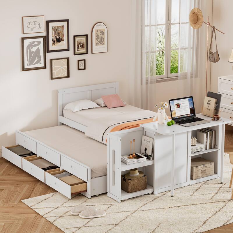 Multifunctional Platform Bed with Desk and Storage Shelf, Built-in Trundle and Drawers