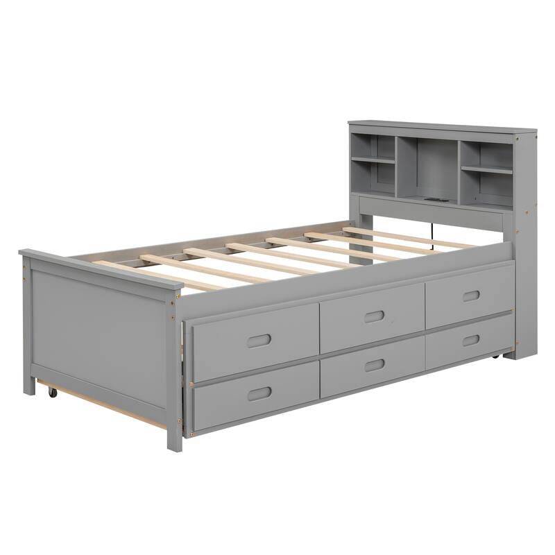 Platform Bed with Storage Headboard, USB, Twin Size Trundle and 3 Drawers