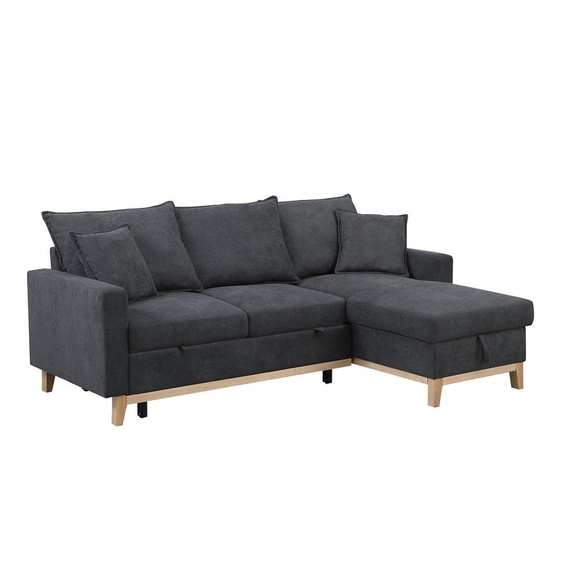 Colton 84.25-inch Dark Gray Woven Reversible Sleeper Sectional Sofa with Storage Chaise - 84.25"W x 57"D x 35"H