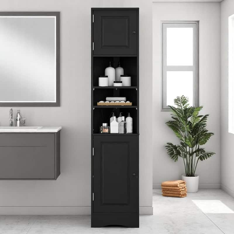 Triangle Corner Bathroom Cabinet with 2 Doors, Open Shelf, Adjustable Storage for Small Space - Black