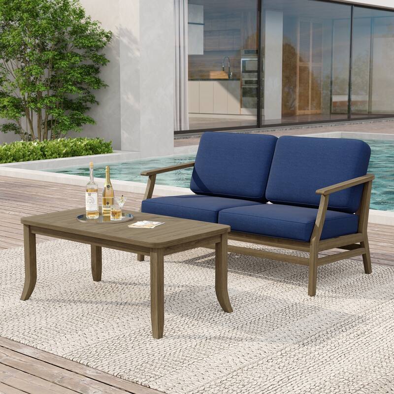Teak Wood Patio Outdoor Loveseat Sofa and Coffee Table Set