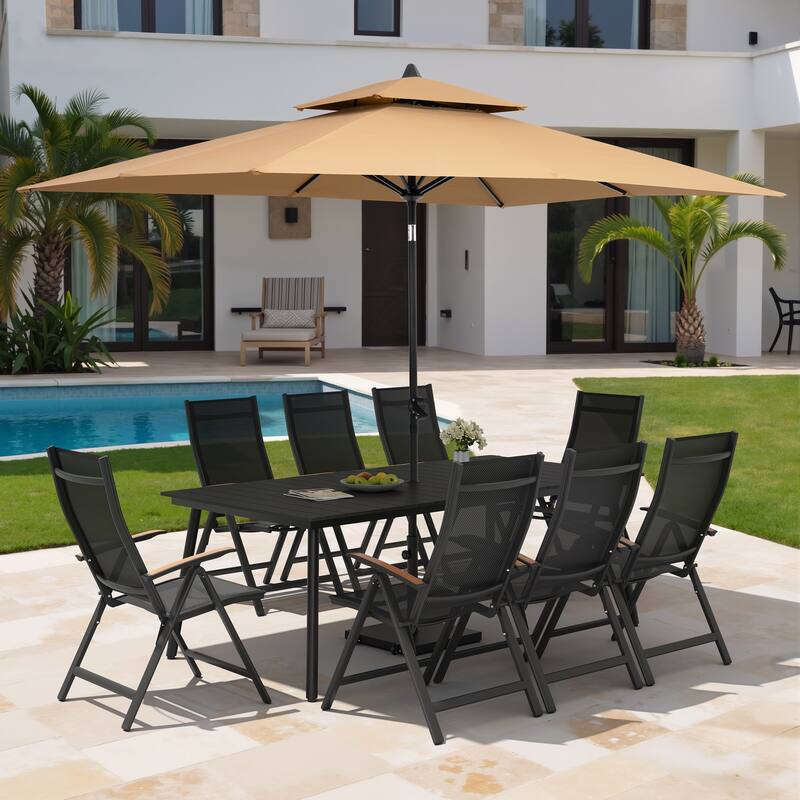11PC Outdoor Patio Dining Set Aluminum Table with Folding Armchairs w/ Premium Market Umbrella Sets - BlackTable&BlackChairs&TanUmbrella