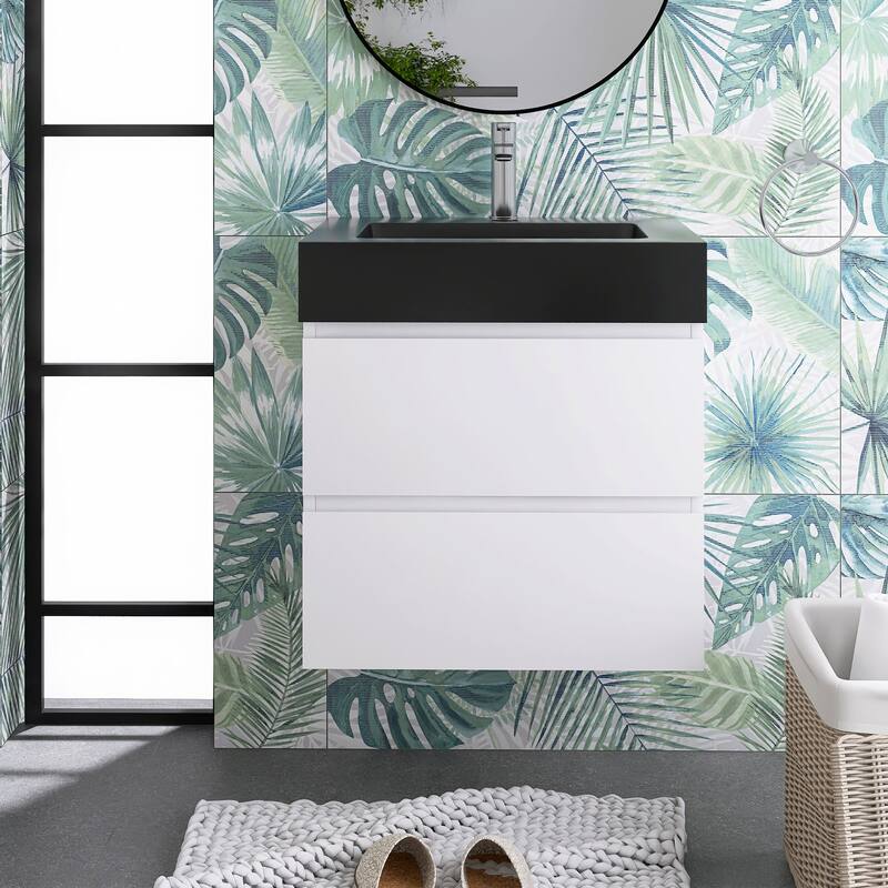 24"/30"/36" Wall-Mounted Bathroom Vanity Set with Black Integrated Quartz Sand Sink - 24" x 18" - Painted - White