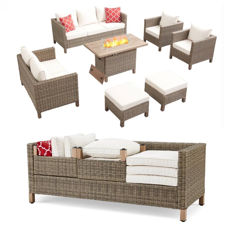 9 - Person Outdoor Wicker Patio Conversation Furniture Set With Fire Pit Table